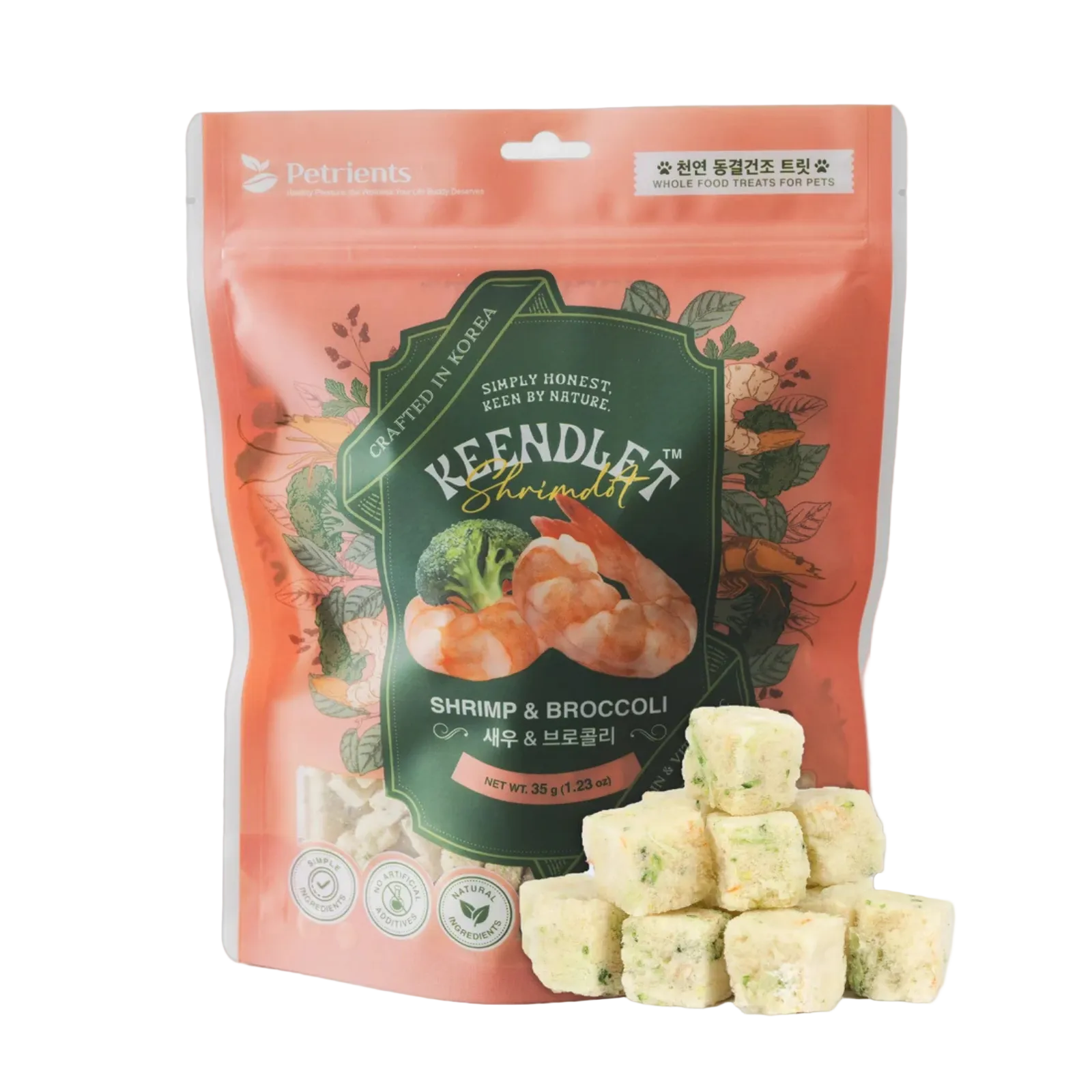 Package of Keendlet Shrimp & Broccoli snacks with a stack of snacks in front on a white background