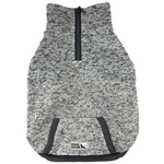 Gray fleece dog coat with black zipper and Eddie Bauer logo on a white background