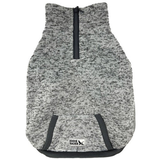 Gray fleece dog coat with black zipper and Eddie Bauer logo on a white background