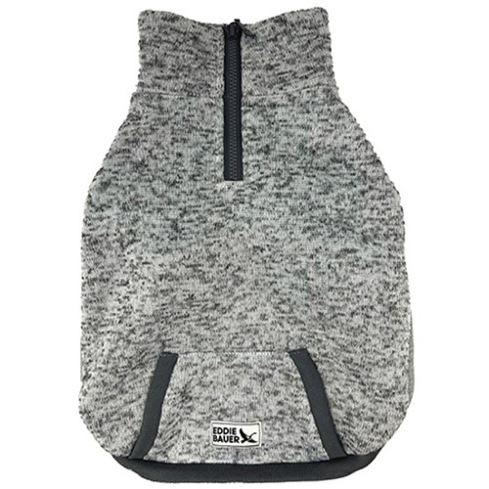 Gray fleece dog coat with black zipper and Eddie Bauer logo on a white background