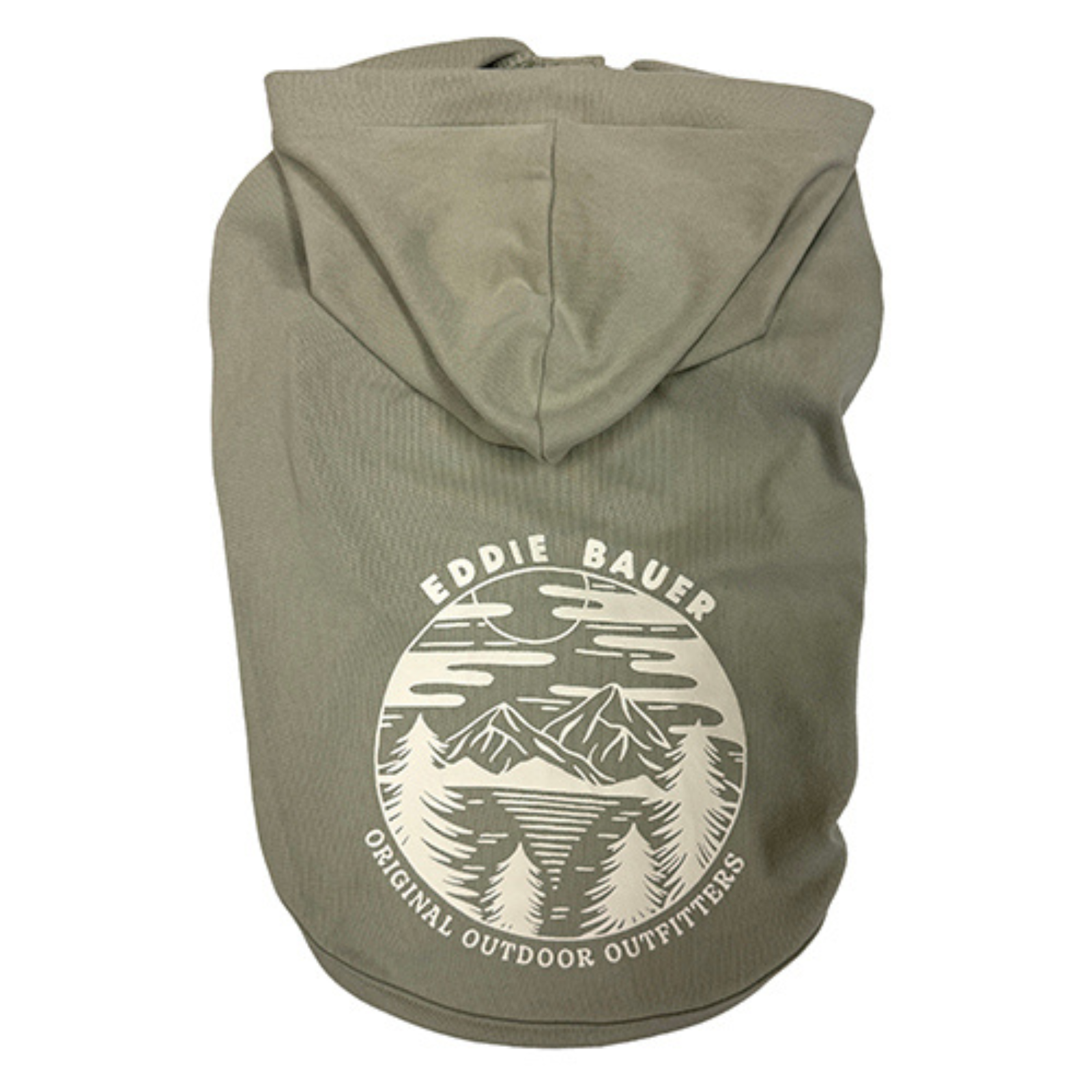 An olive green dog hoodie with a cream-colored circular graphic on the back featuring a mountain and forest design, with the text 'EDDIE BAUER' and 'ORIGINAL OUTDOOR OUTFITTERS'.