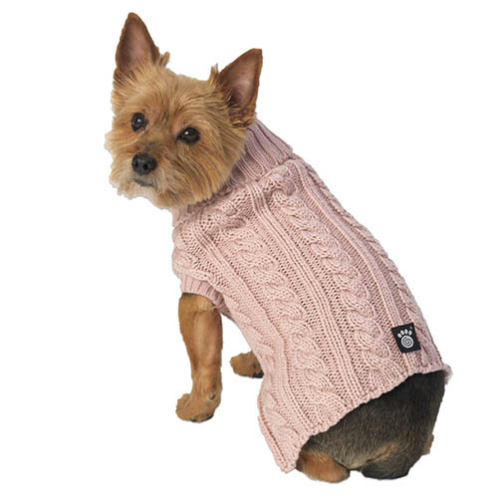 Dog from behind wearing a Rose Colored Cable Sweater