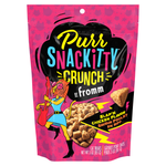 A 3 oz bag of Fromm Purr Snackitty Crunch cat treats, featuring a bright pink background with a cartoon cat character and a clear window showing the crunchy treats inside.