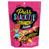 A 3 oz bag of Fromm Purr Snackitty Crunch cat treats, featuring a bright pink background with a cartoon cat character and a clear window showing the crunchy treats inside.