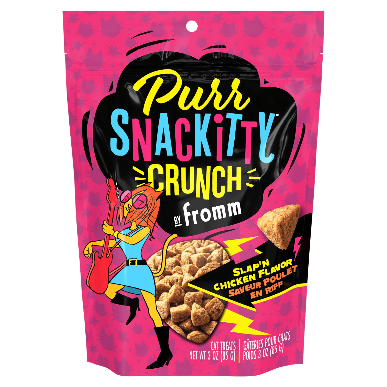 A 3 oz bag of Fromm Purr Snackitty Crunch cat treats, featuring a bright pink background with a cartoon cat character and a clear window showing the crunchy treats inside.