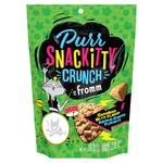 A bag of Purr Snackitty Crunch cat treats in Gamebird Blitz Flavor. The packaging is bright green with a pattern of cat silhouettes, featuring a cartoon cat playing drums and a photo of the crunchy treats inside.