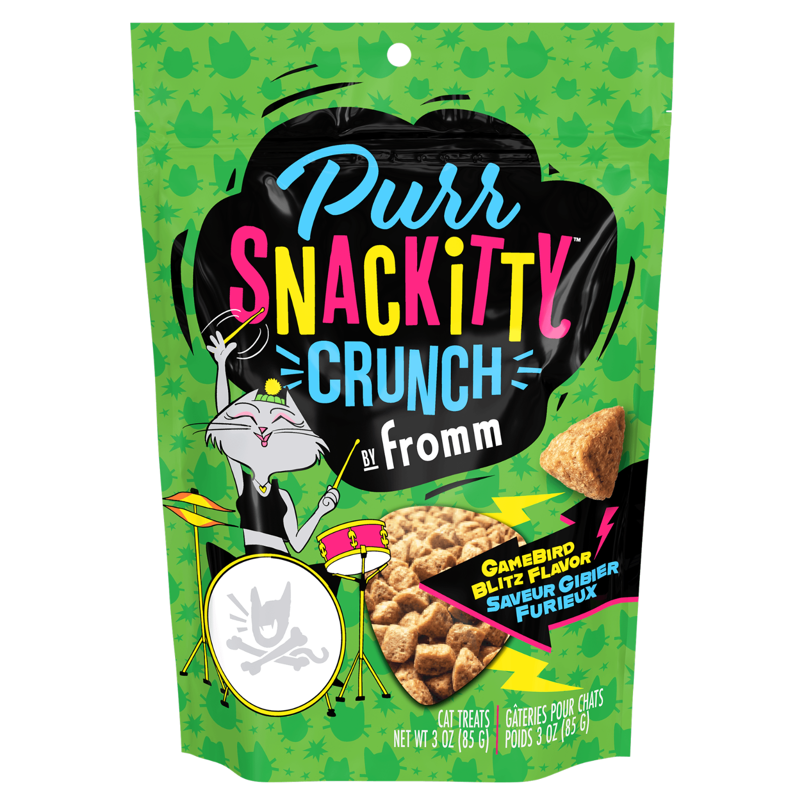 A bag of Purr Snackitty Crunch cat treats in Gamebird Blitz Flavor. The packaging is bright green with a pattern of cat silhouettes, featuring a cartoon cat playing drums and a photo of the crunchy treats inside.