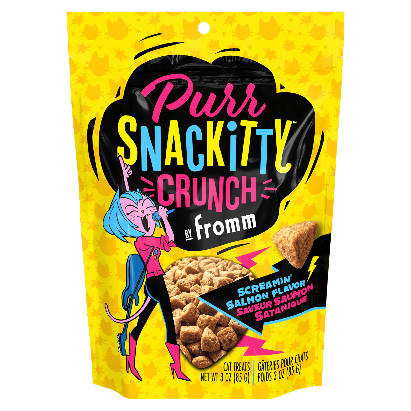 A 3 oz bag of Fromm Purr Snackitty Crunch cat treats, featuring a bright yellow background with a black central graphic, colorful text, and an illustration of a blue-haired cat.