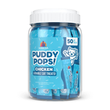 Jar of Puddy Pops chicken lickable cat treats on a white background