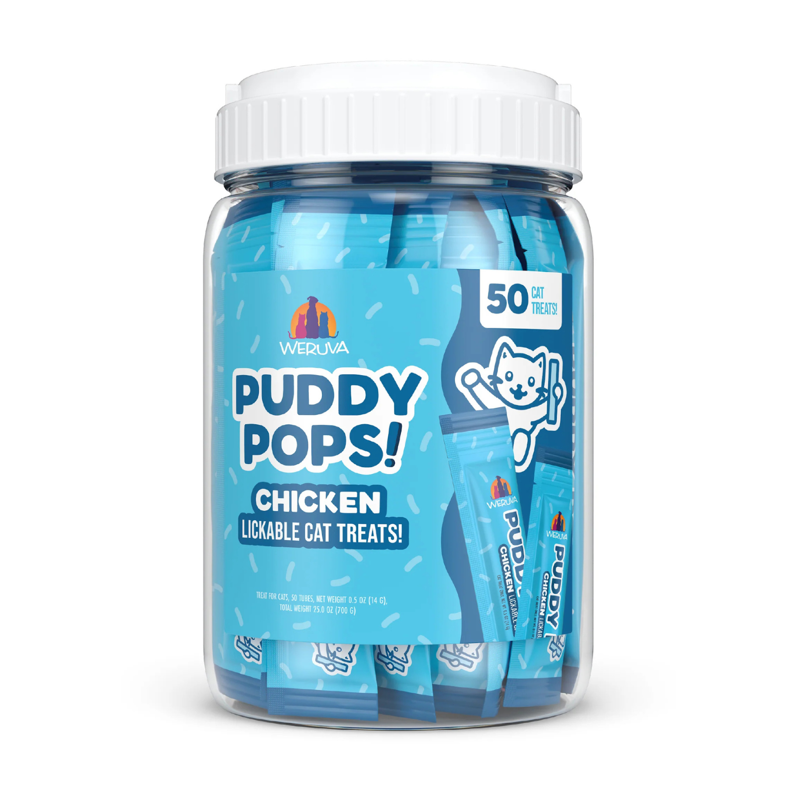 Jar of Puddy Pops chicken lickable cat treats on a white background