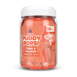 A clear plastic jar of Weruva Puddy Pops! Tuna & Salmon lickable cat treats with a white ribbed cap, shown on a clean white background.