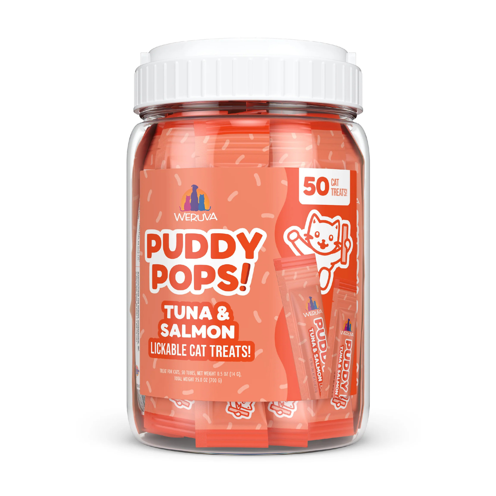 A clear plastic jar of Weruva Puddy Pops! Tuna & Salmon lickable cat treats with a white ribbed cap, shown on a clean white background.