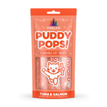 Packaging of Weruva Puddy Pops tuna and salmon cat treats on a white background