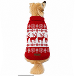 A golden retriever dog viewed from behind wearing a red and white knit sweater with a holiday pattern of reindeer and snowflakes, on a plain white background.