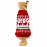 A golden retriever dog viewed from behind wearing a red and white knit sweater with a holiday pattern of reindeer and snowflakes, on a plain white background.