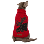 A gray dog viewed from the back wearing a red knit pet sweater with a large black moose graphic and a small tan brand patch near the hem, on a white background.
