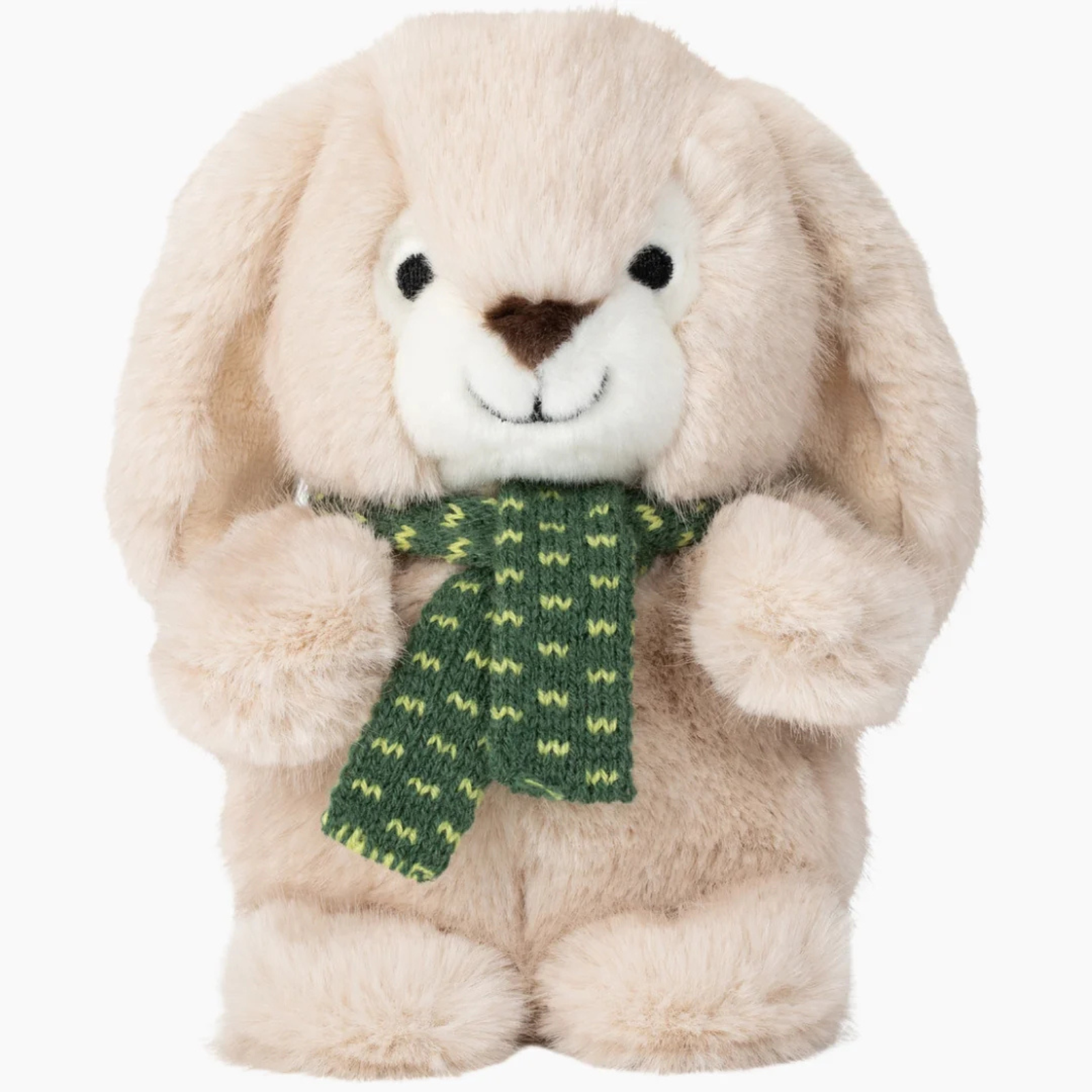 A plush stuffed bunny with long floppy ears, a cream-colored snout and inner ears, a brown nose, black eyes, and a green knitted scarf with yellow chevron patterns, set against a plain white background.