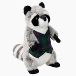 A plush raccoon toy wearing a green and navy tartan plaid vest, standing upright against a plain white background.