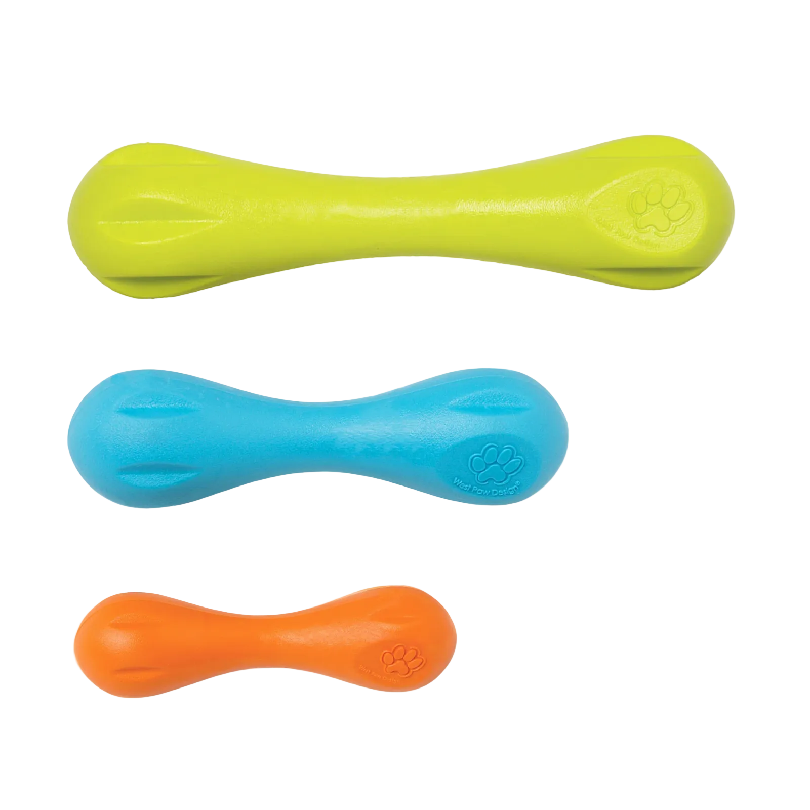 Three dog toys in green, blue, and orange on a white background
