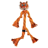 An orange and black spotted plush dog toy shaped like a tiger with long fringed limbs, shown on a plain white background.