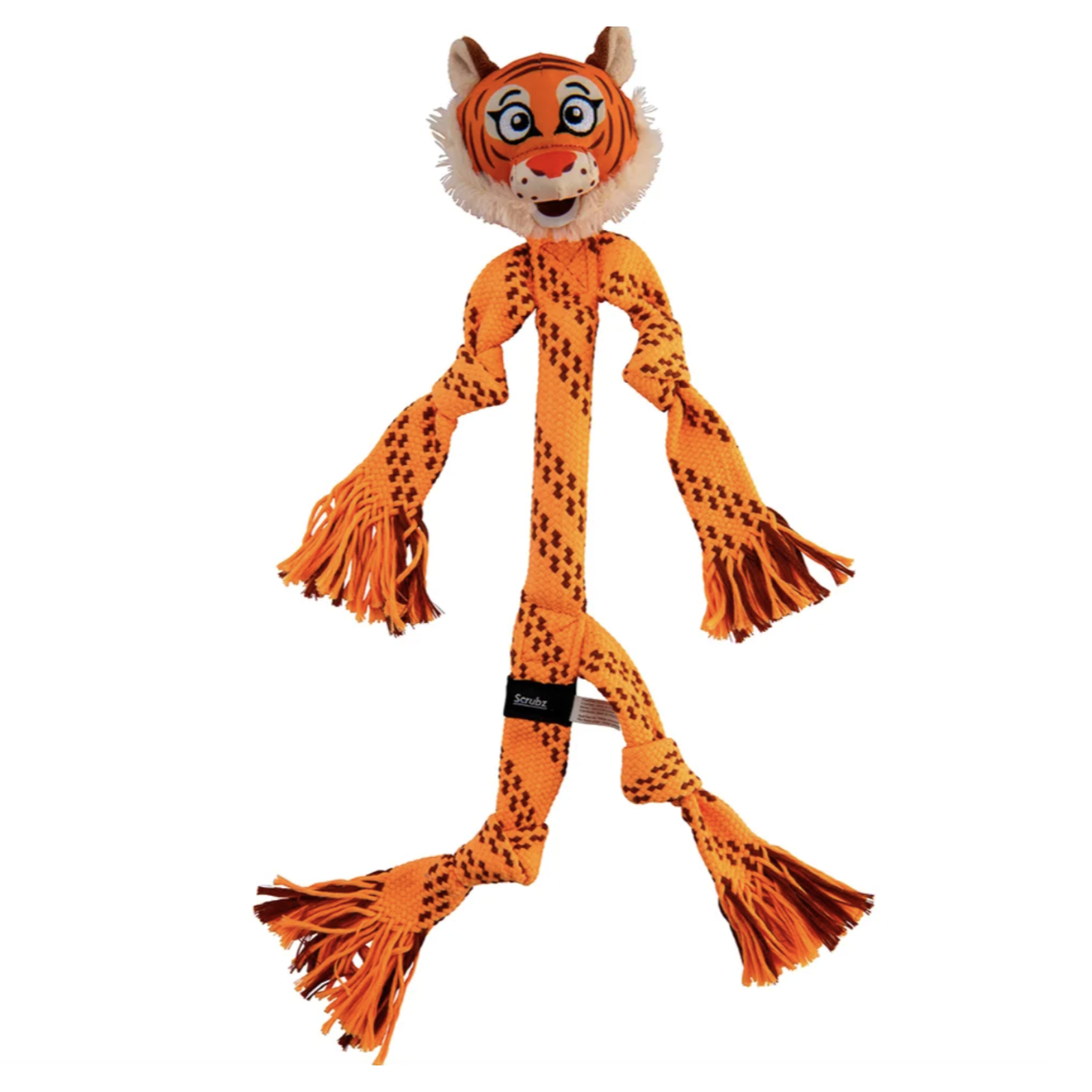An orange and black spotted plush dog toy shaped like a tiger with long fringed limbs, shown on a plain white background.
