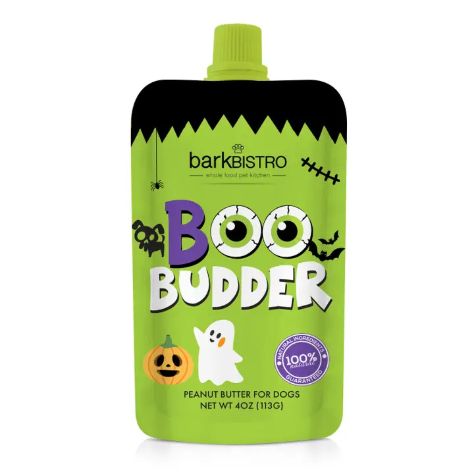 Barkbistro Boo Budder Peanut Butter for Dogs in a 4 oz squeeze pouch with a Halloween theme, featuring a bright lime green background, black top and bottom bands, and 'BOO BUDDER' in large purple and white text.