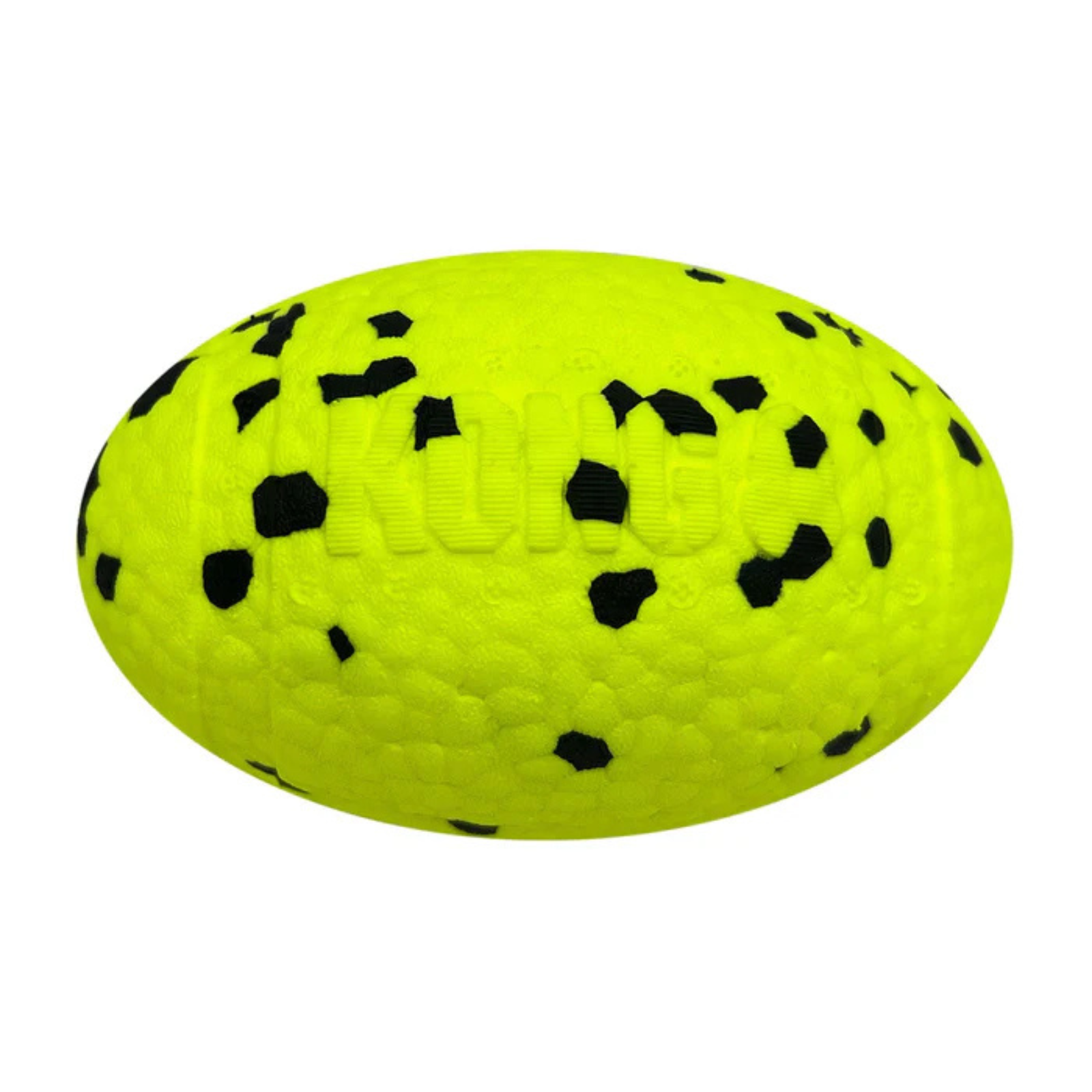 A bright neon yellow textured rubber ball with irregular black spots, shown on a plain white background.