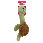 Kong Rugs plush turtle dog toy in green and brown, hanging from its original retail packaging header card on a white background.