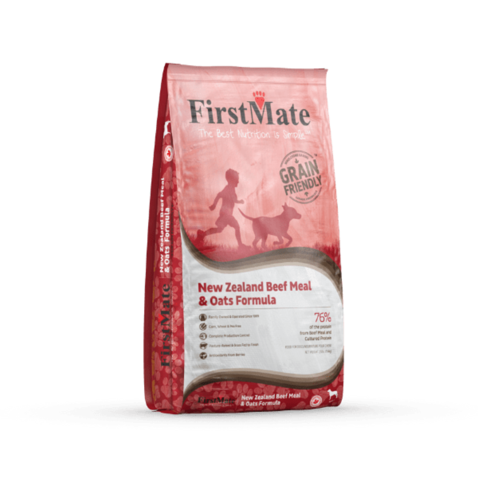 FirstMate dog food package with New Zealand Beef Meal & Oats Formula on a white background
