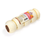 A natural cowhide dog chew toy with a circular center hole, wrapped in a paper label with red, yellow, and white branding, on a plain white background.