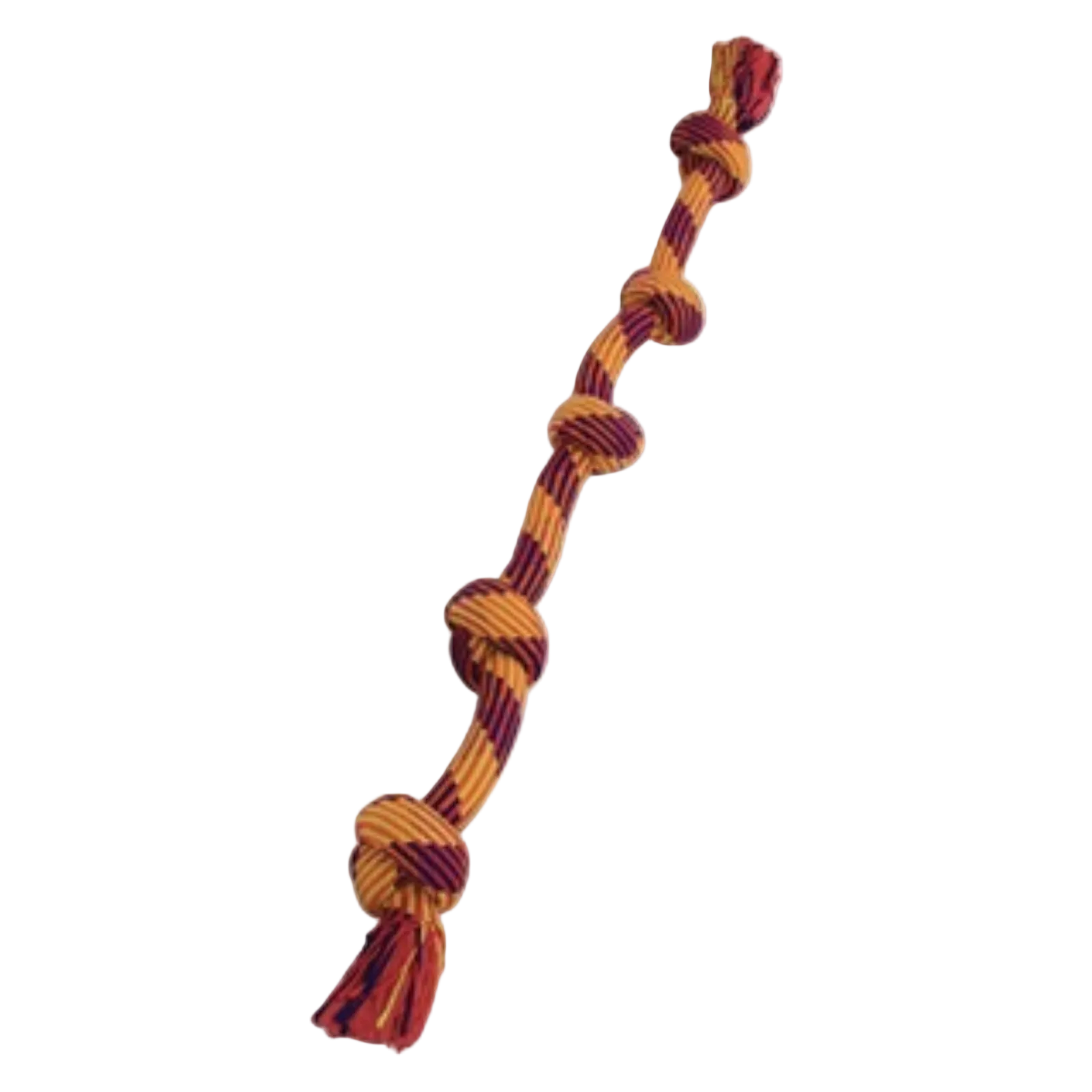 A braided dog toy made of twisted rope with alternating orange and dark red sections, featuring knotted loops and a frayed tail end, shown on a plain white background.