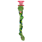 Green crocodile-shaped dog toy with a red tag on a white background