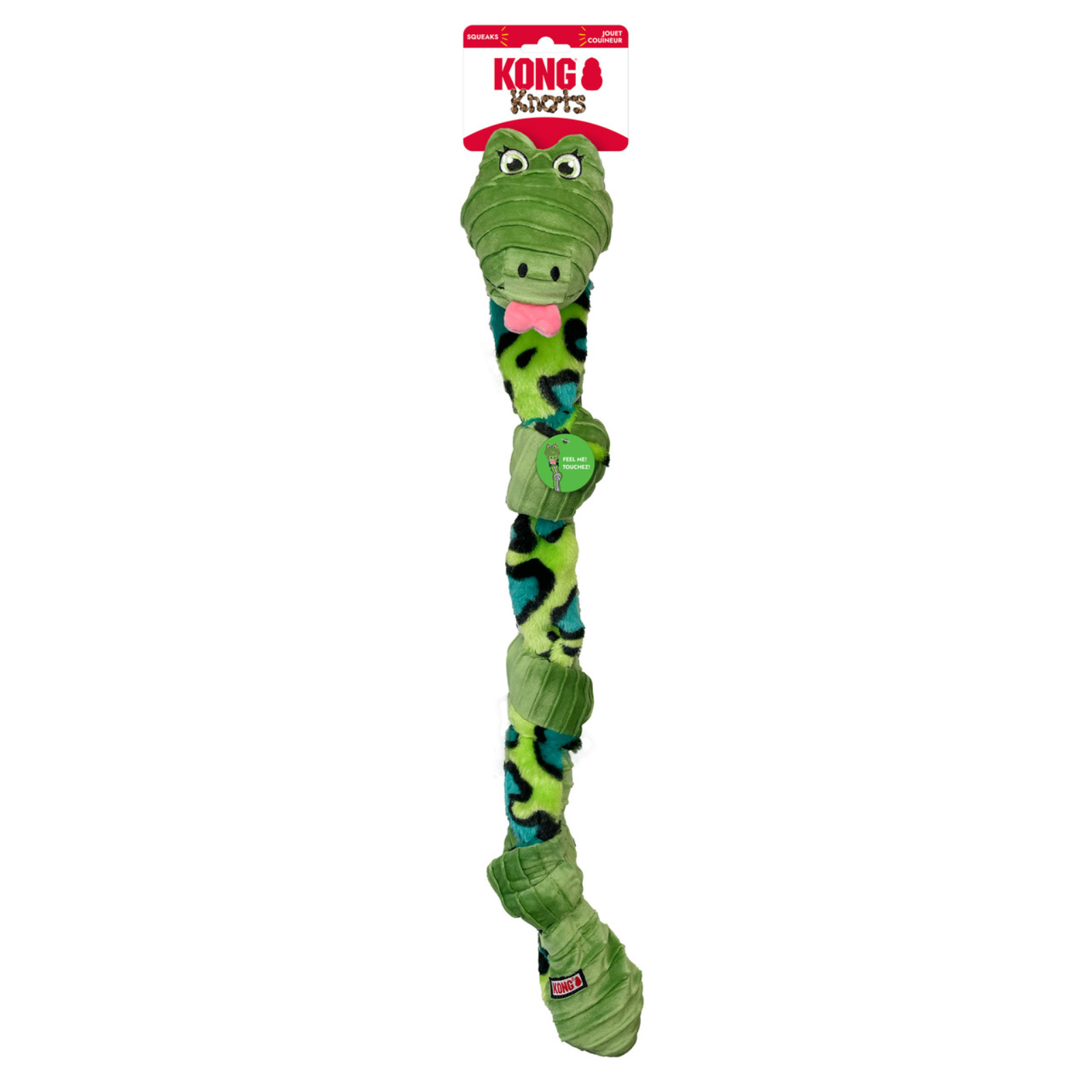Green crocodile-shaped dog toy with a red tag on a white background