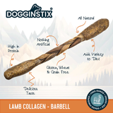 DogginStix Lamb Collagen Barbell with branding and product features on a white background