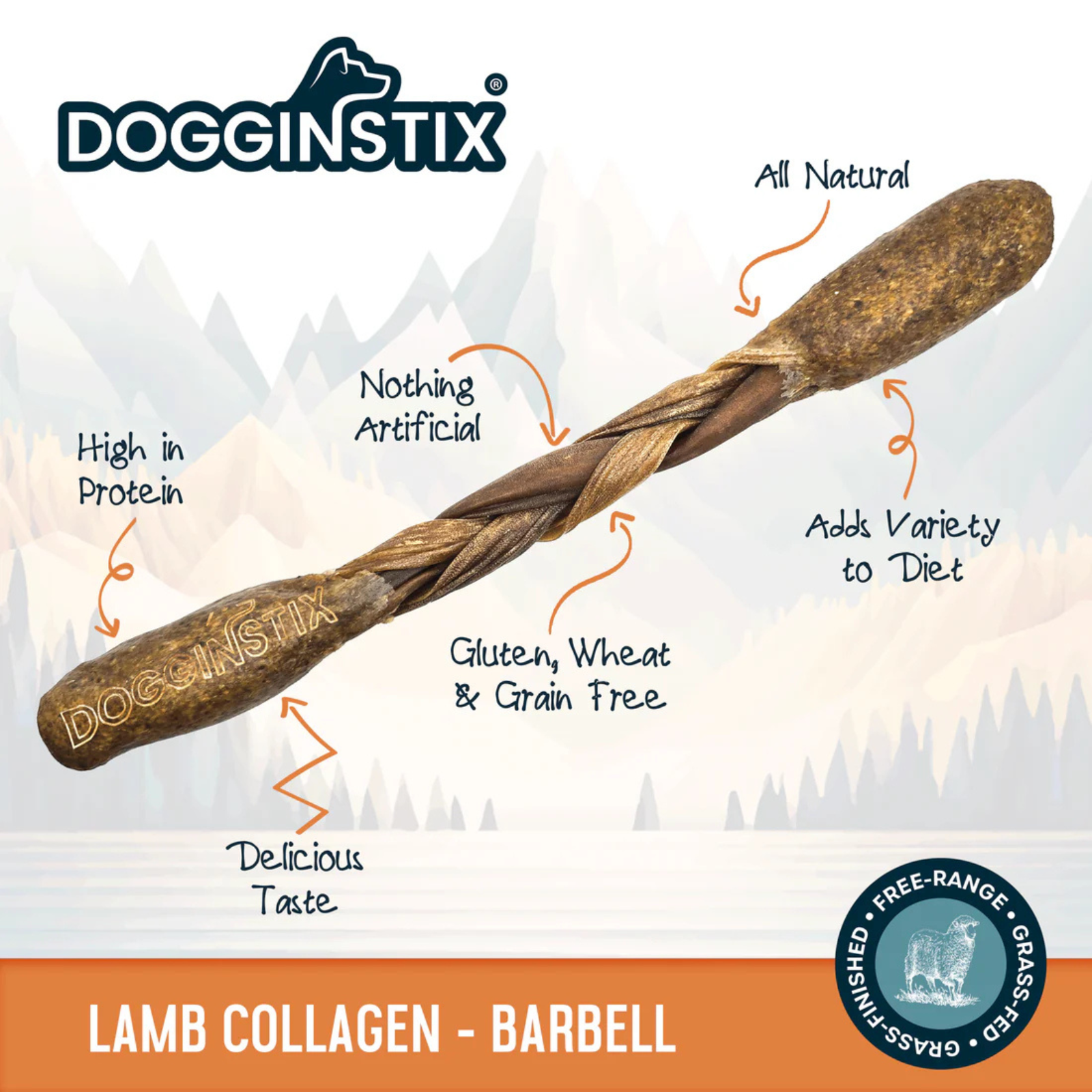 DogginStix Lamb Collagen Barbell with branding and product features on a white background