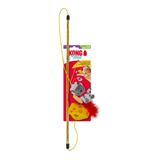 Kong Cat Toy Fidget stick with a yellow laser pointer wand, plush gray cat, and cheese-shaped toy on its retail packaging, isolated on a white background.