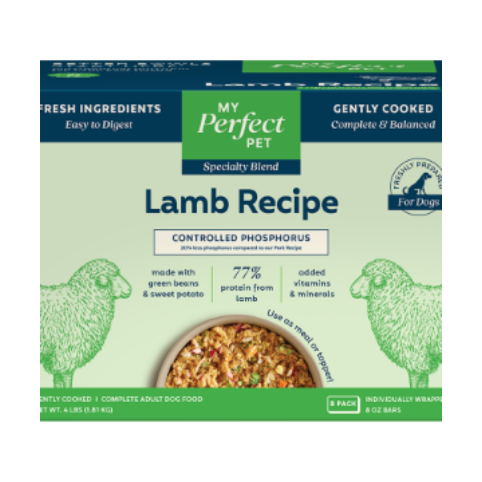 A 8-pack box of My Perfect Pet Specialty Blend Lamb Recipe dog food, featuring a light green and dark teal packaging design with illustrations of sheep and a photo of the wet food.
