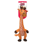 Kong Papers plush giraffe dog toy in its retail packaging, featuring an orange and white patterned body with dark brown accents on the snout, hooves, and paws.