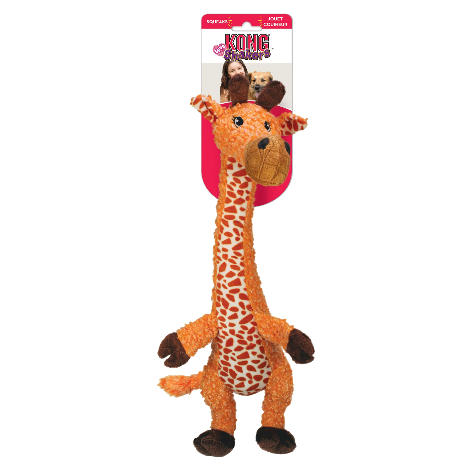 Kong Papers plush giraffe dog toy in its retail packaging, featuring an orange and white patterned body with dark brown accents on the snout, hooves, and paws.