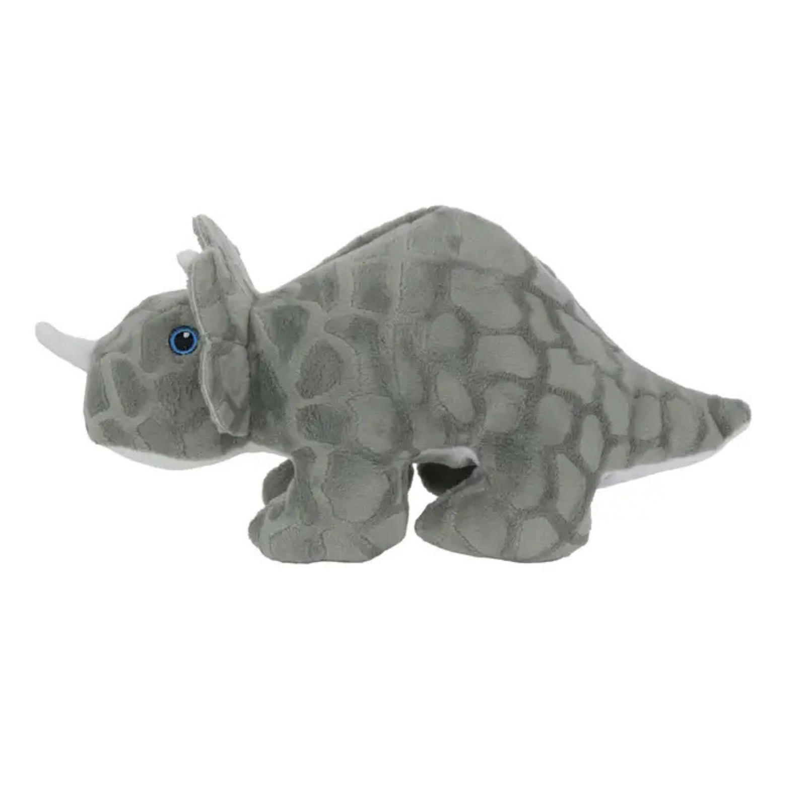 A gray plush dinosaur toy with a textured, scale-like pattern, white horns, and a blue eye, shown against a plain white background.