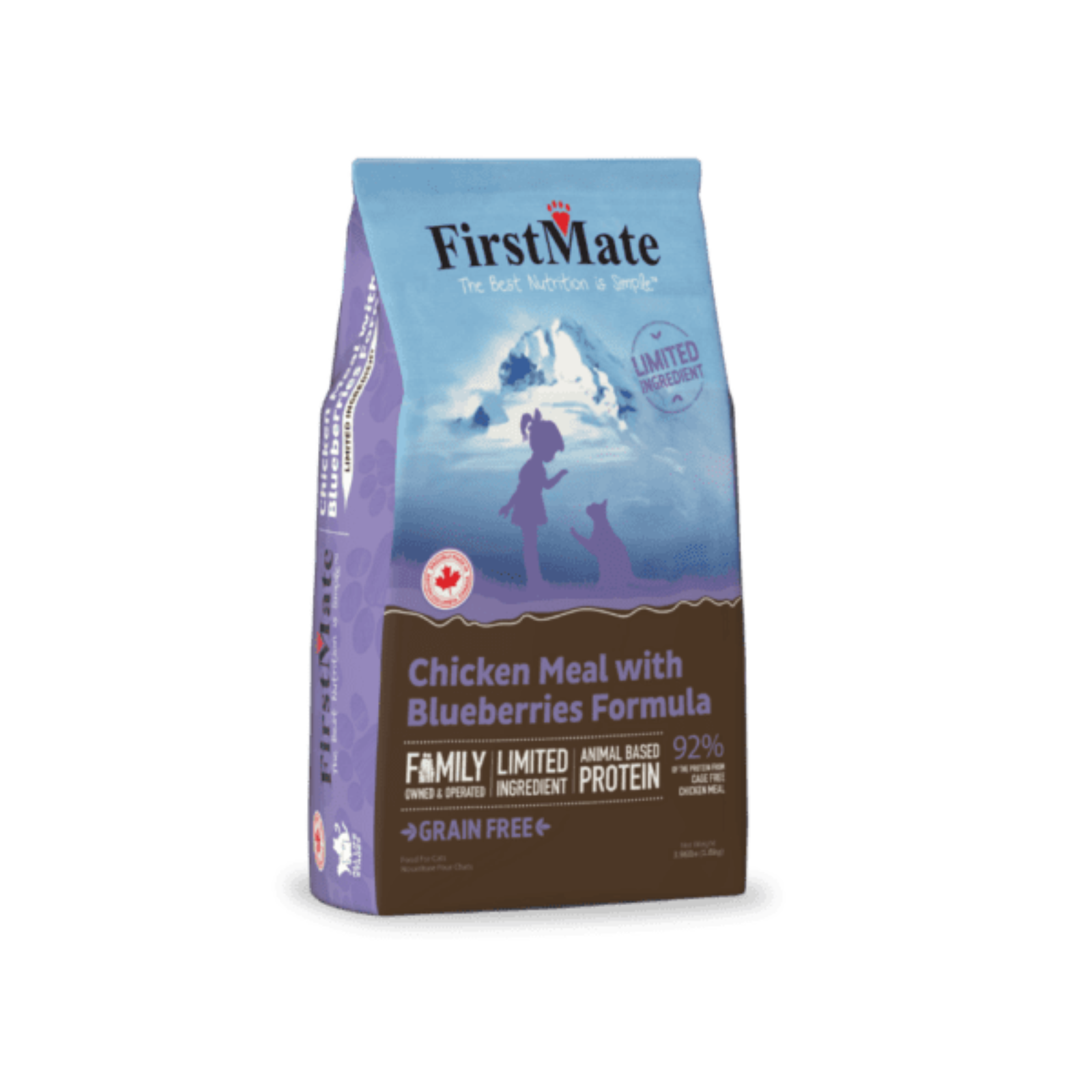 FirstMate dog food package with chicken meal and blueberries formula on a white background