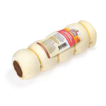 A natural cowhide dog chew toy with a circular center hole, wrapped in a paper label with red, yellow, and white branding, on a plain white background.