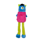 A colorful monster plush toy with a blue head, one large eye, black hair, a fluffy pink body, and long lime-green legs, shown against a plain white background.