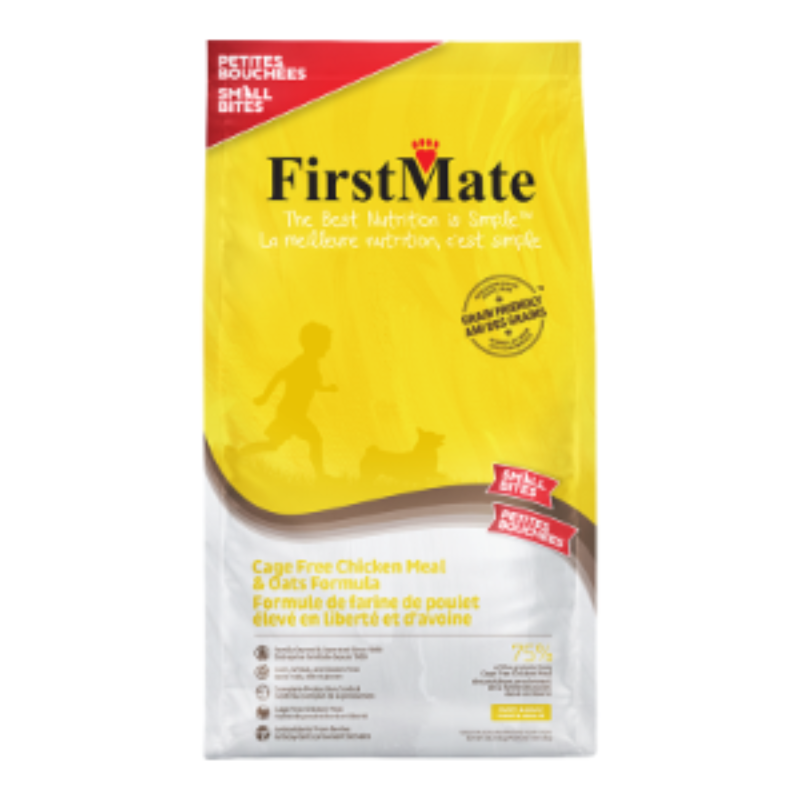 A bag of FirstMate Small Breed cat food, featuring a yellow and white packaging design with red accents and a silhouette of a dog and owner.