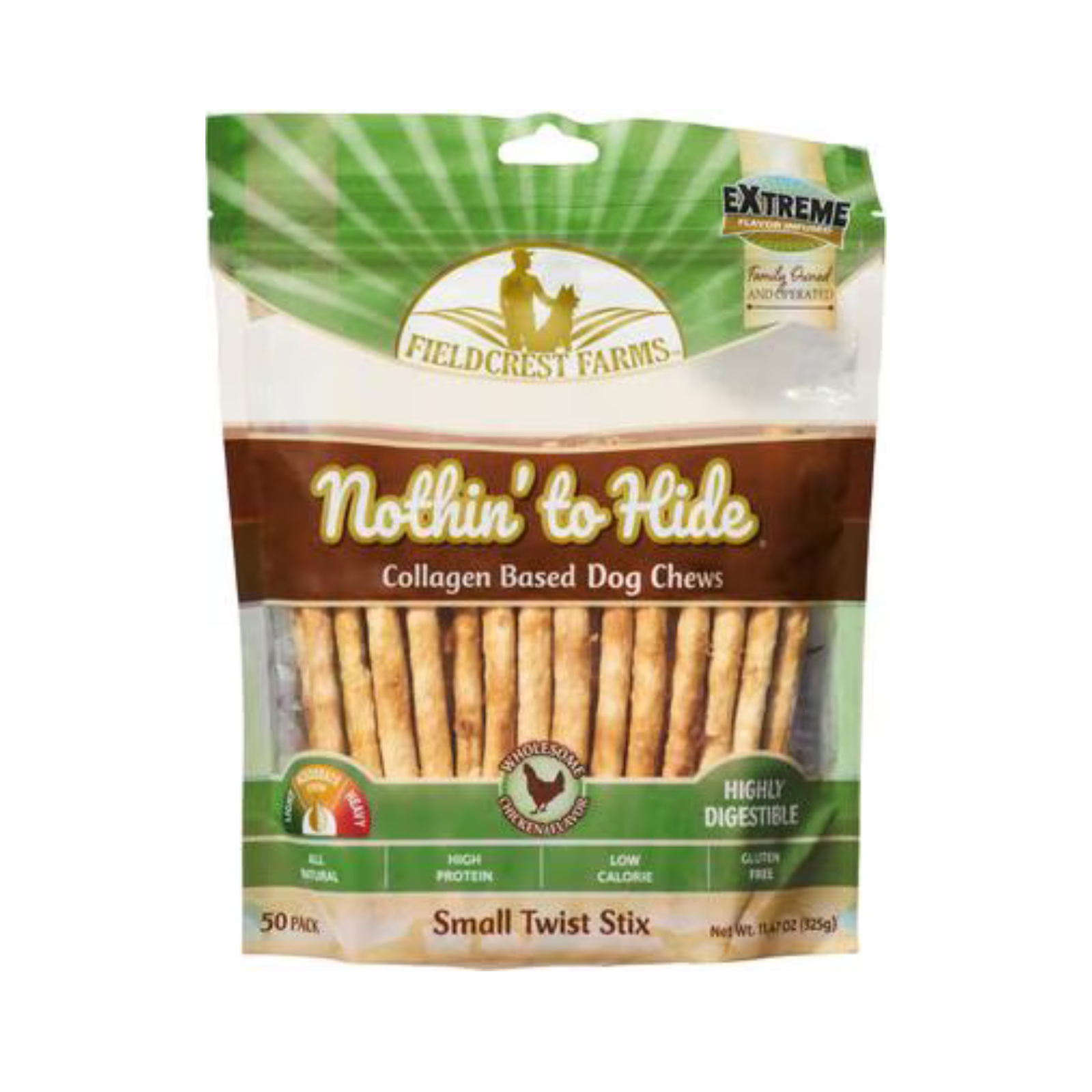 A 50-pack bag of Fieldcrest Farms Nothin' to Hide Small Twist Stix Collagen Based Dog Chews, featuring a green and brown package design with a clear window showing the twisted chews inside.
