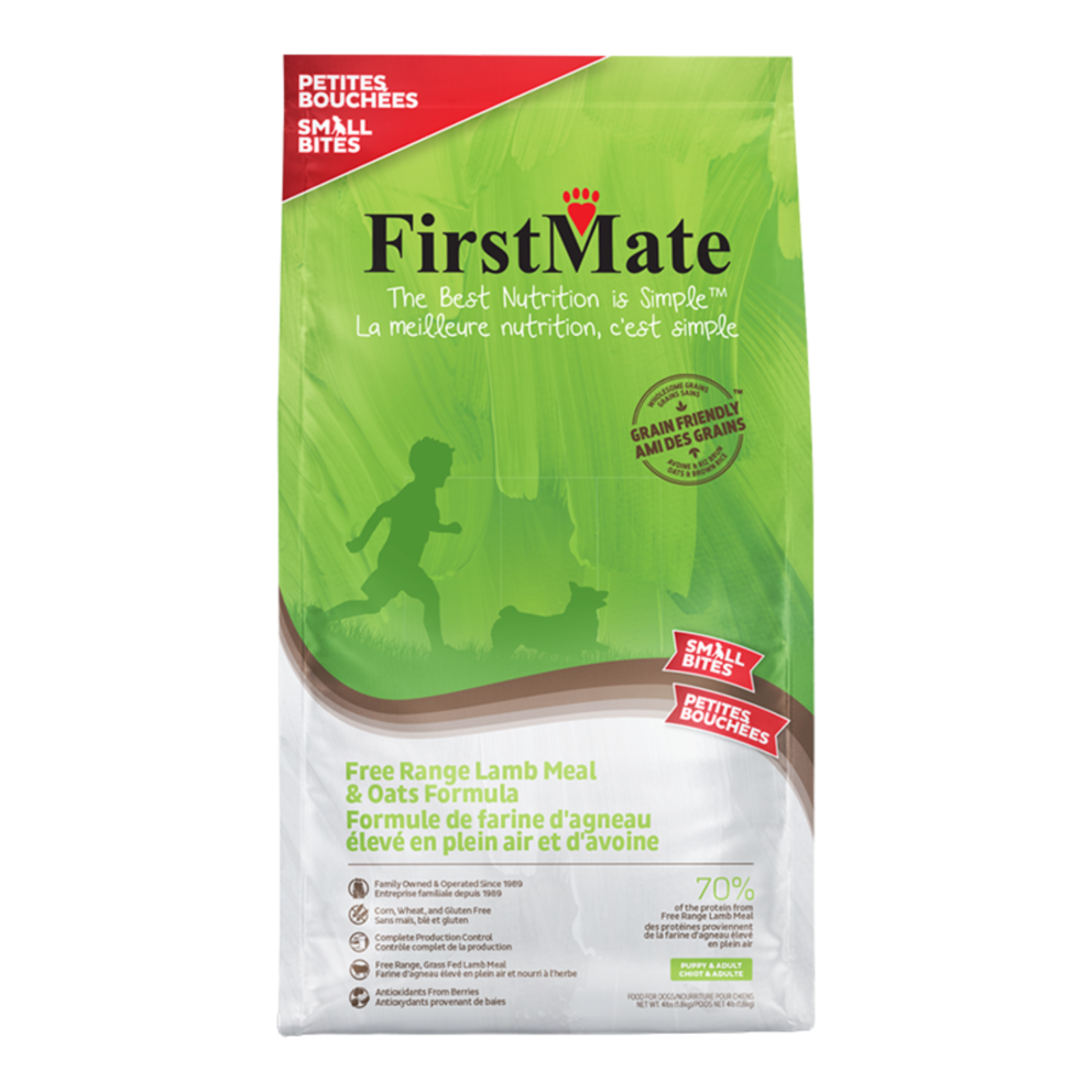 A bag of First Mate Small Bites Free Range Lamb Meal & Oats Formula dog food, featuring a green and white packaging design with red accents.