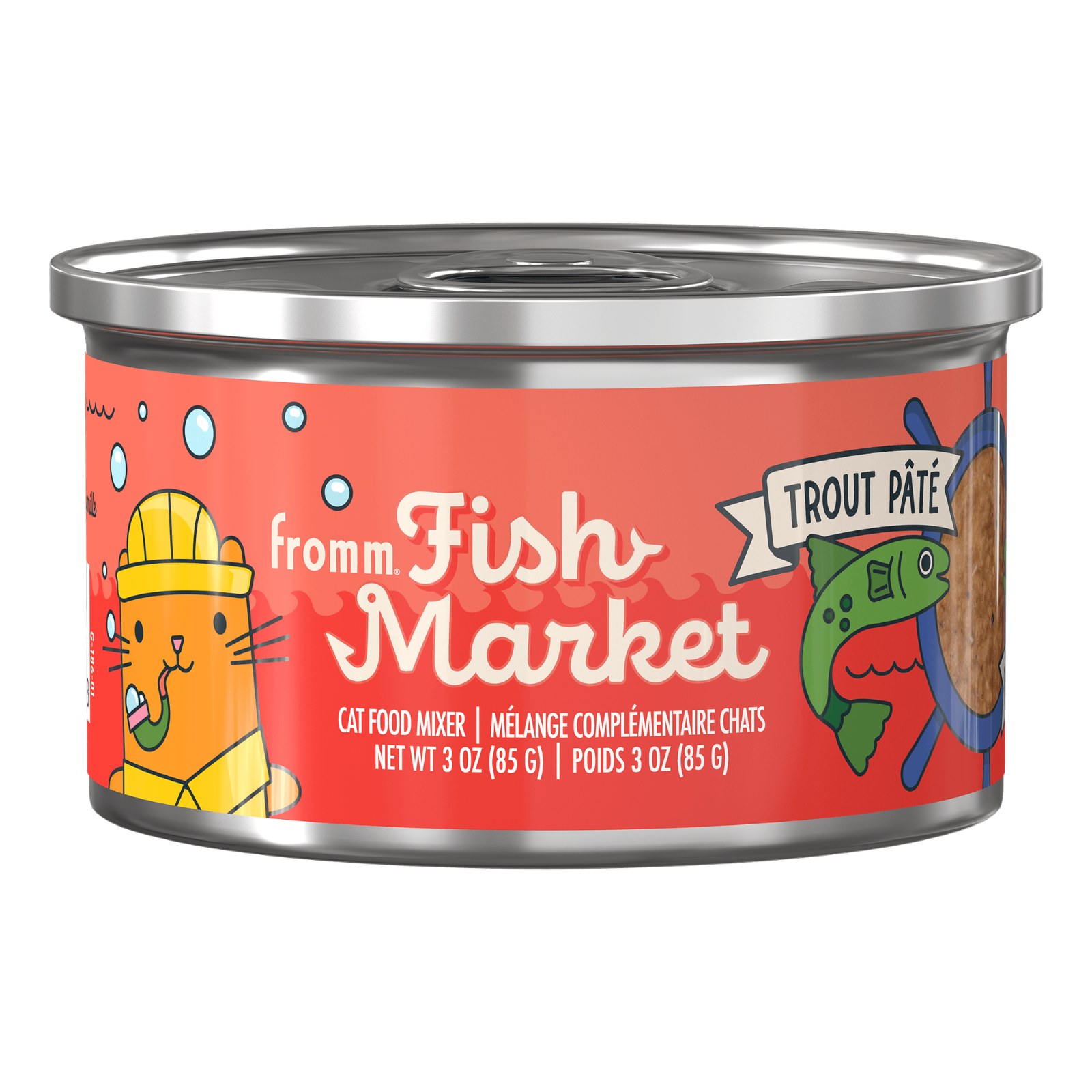 A can of from. Fish Market cat food mixer in Trout Pâté flavor, featuring a bright coral-red label with cartoon illustrations of a cat and a fish, and a silver metal lid.