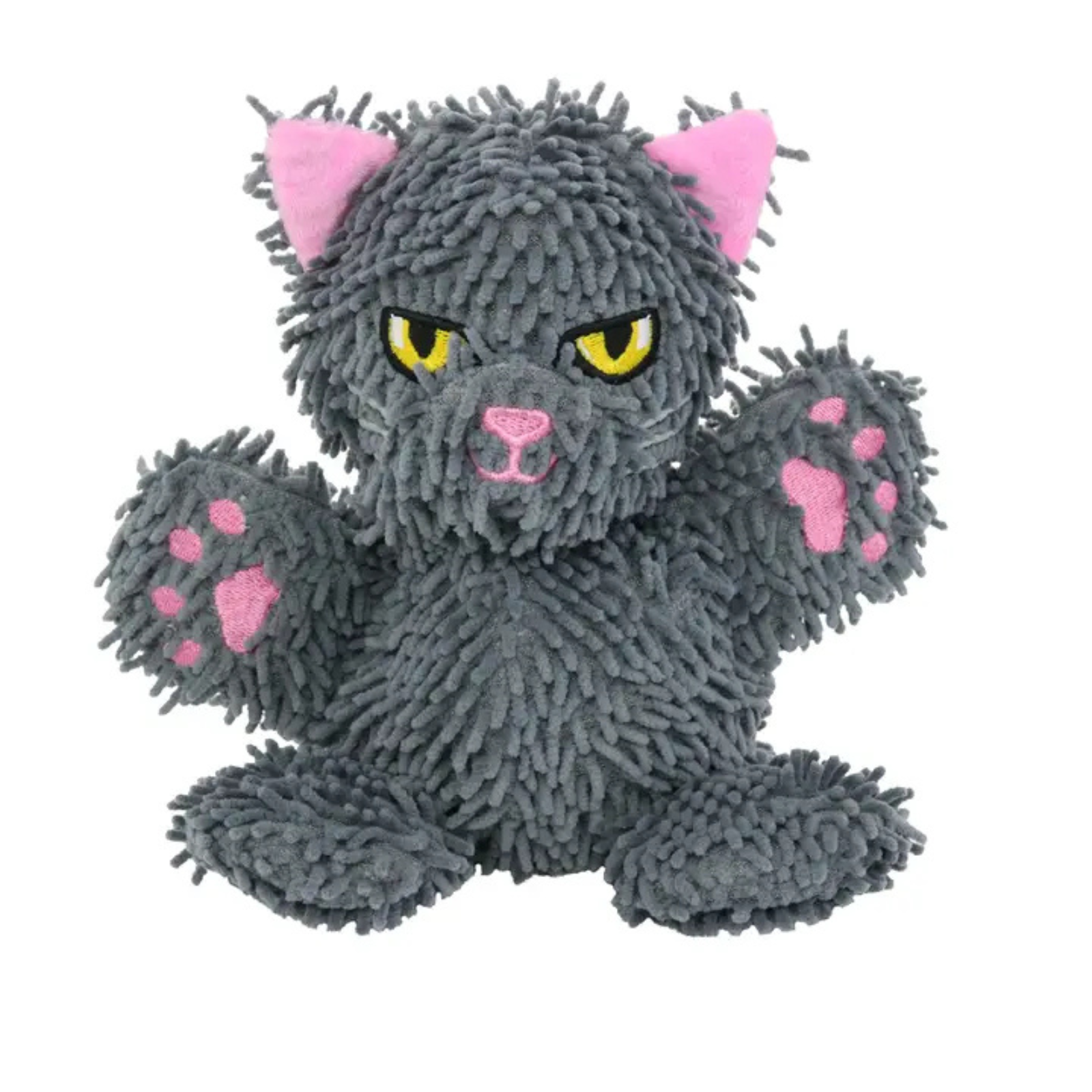 A gray cat-shaped textured pet toy with pink inner ears, pink paw pads, and yellow eyes, shown against a plain white background.