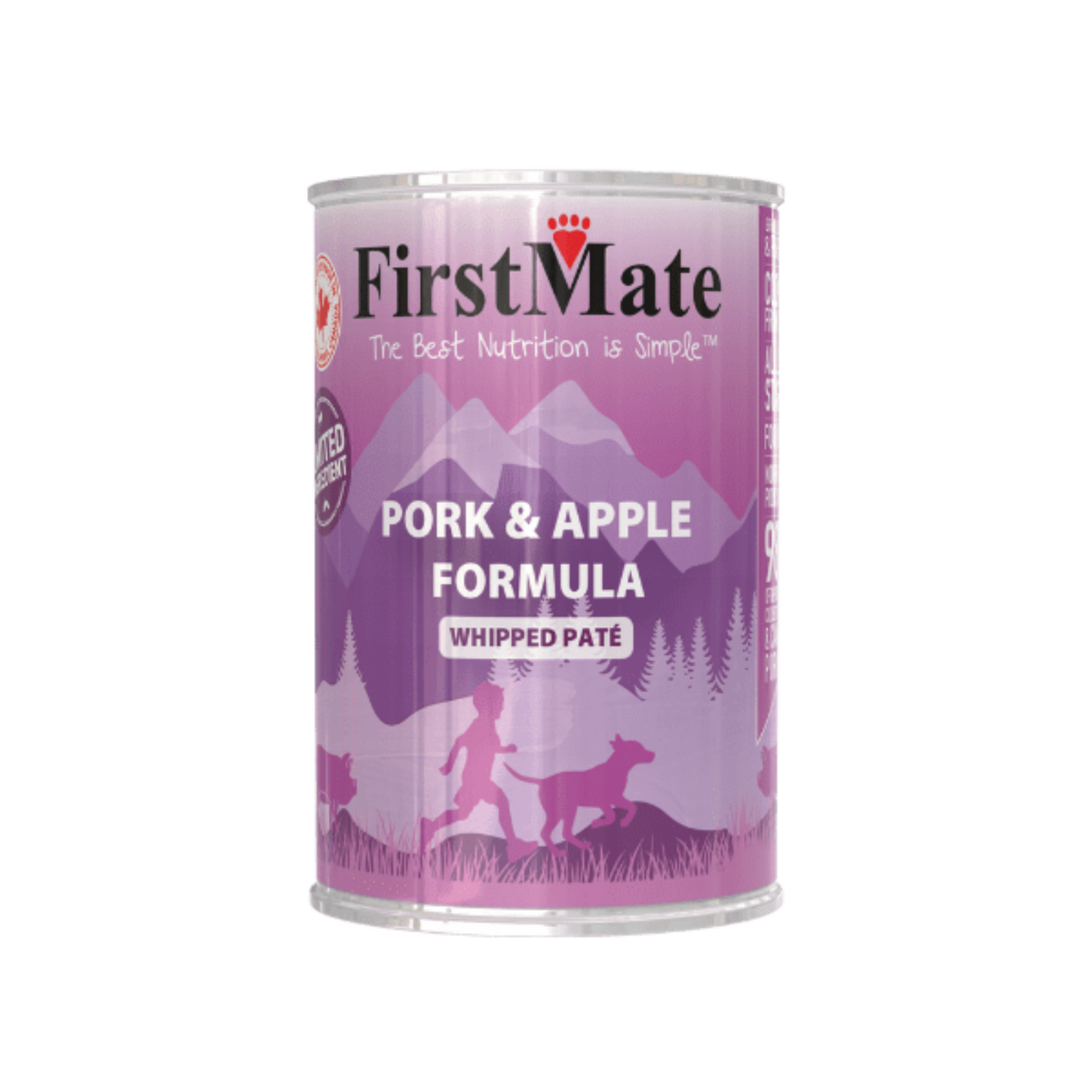 FirstMate canned dog food can with purple label on a white background