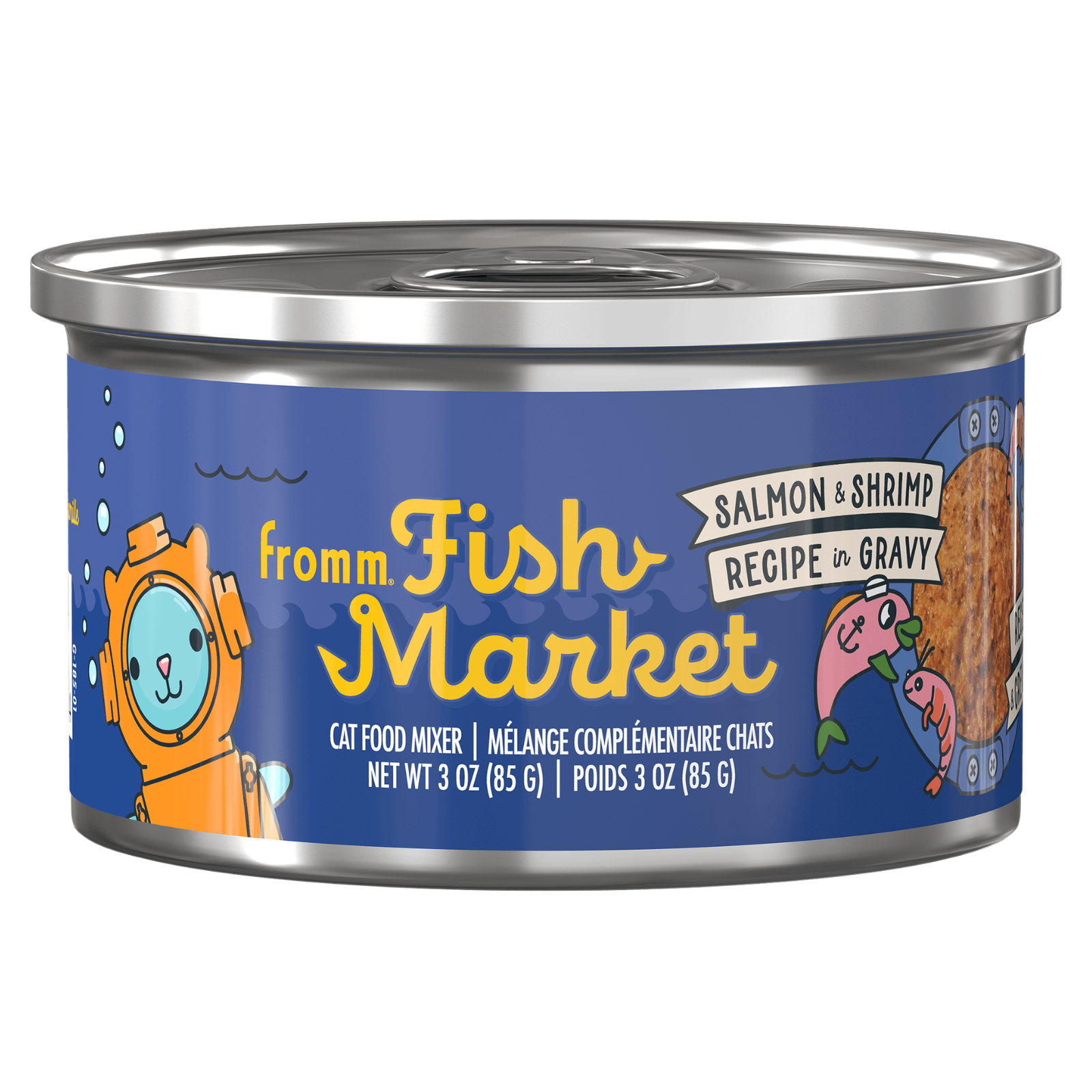 A can of fromm Fish Market Salmon + Shrimp Recipe de Gravy cat food mixer, featuring a blue label with cartoon illustrations of an orange sea otter in an astronaut suit and a pink shrimp, on a white background.